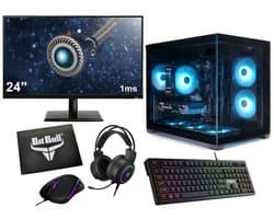 Ryzen 7 8-Core Game PC Setup Compleet met 24" Gaming Monitor, Toetsenbord, Muis, Headset en Muismat|500GB SSD|16GB RAM|Mini Aquarium Case met aRGB Towercooler|WiFi 6|Bluetooth 5.4|Gamdias AURA GC10M