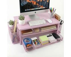 Monitorstandaard Bureau - Laptop Verhoger - Kantoor Organisatie - Met Lade Pennenhouder - 2-laags Metaal - Roze