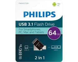 Veelzijdige Philips 64GB USB stick 3.1/USB A & USB C- 2-in-1 - Tot 180MB/s leessnelheid - compact formaat met draaikapje