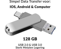 Multifunctioneel USB-Stick 128GB Metal | Simpel data, fotos en videos overzetten van of naar Smartphones en Tablets | 128GB geheugen ingebouwd | USB 2.0 & USB 3.0 | Robuust Metalen legering |Makkelijk aan een sleutelbos vast te maken