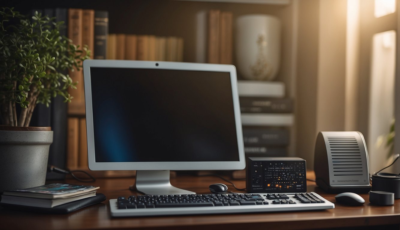 A computer and its peripherals arranged neatly on a desk, with a book titled "All about computers for beginners" next to them