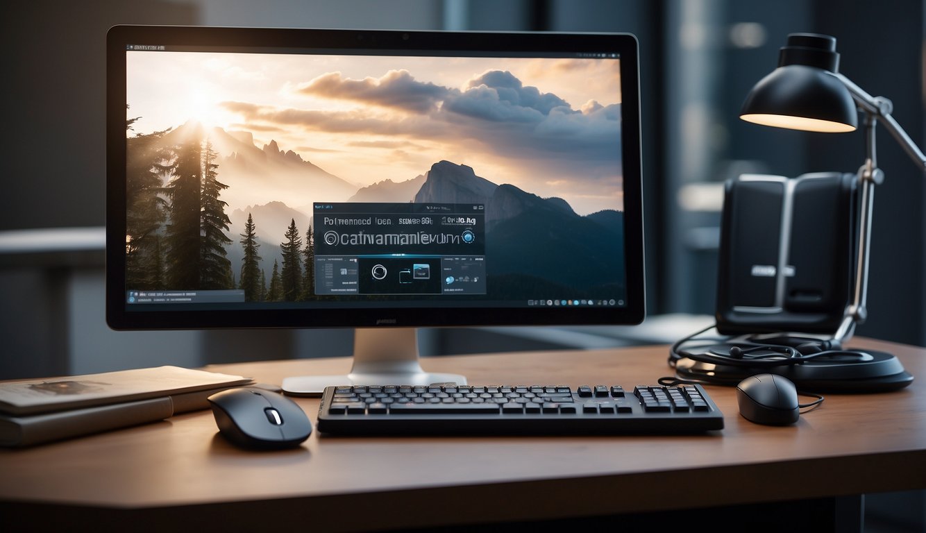 A sleek, modern computer desk with a high-tech desktop computer, keyboard, and mouse. A book titled "Advanced Computer Concepts" and "Computer Basics for Beginners" sits nearby