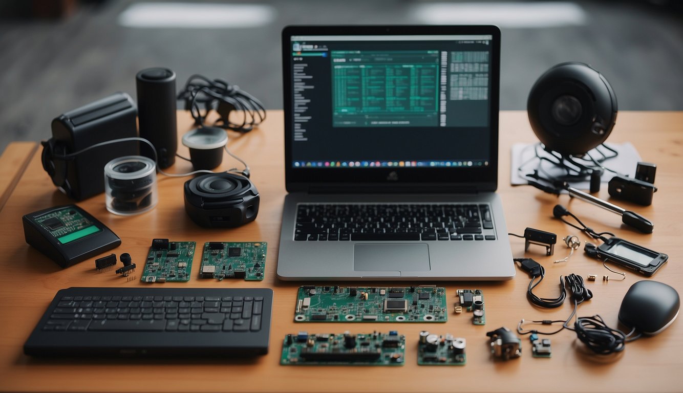 A desk with computer parts laid out, a screwdriver, and a manual open to a page on assembling a PC