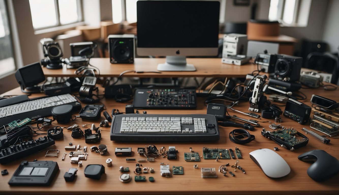 A desk with computer parts, tools, and a manual. Components laid out in an organized manner, ready for assembly