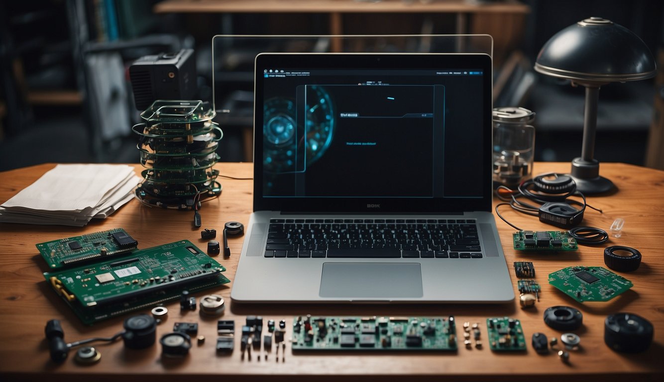 A table with computer parts laid out, a screwdriver, and instructions nearby